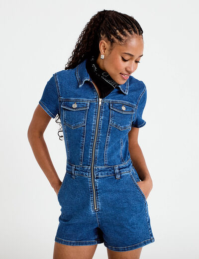 Combishort en jean denim double stone femme