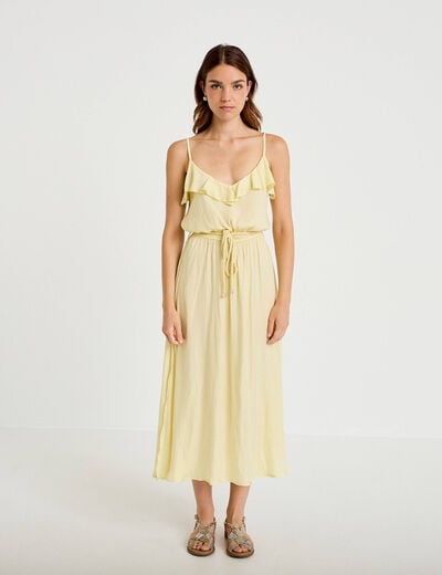 Robe longue &eacute;vas&eacute;e col v bretelles jaune clair femme