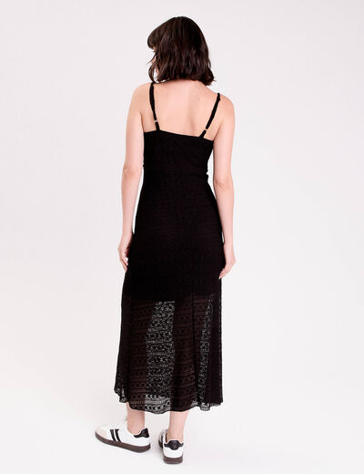 Robe longue droite col b&eacute;nitier dentelle noir femme