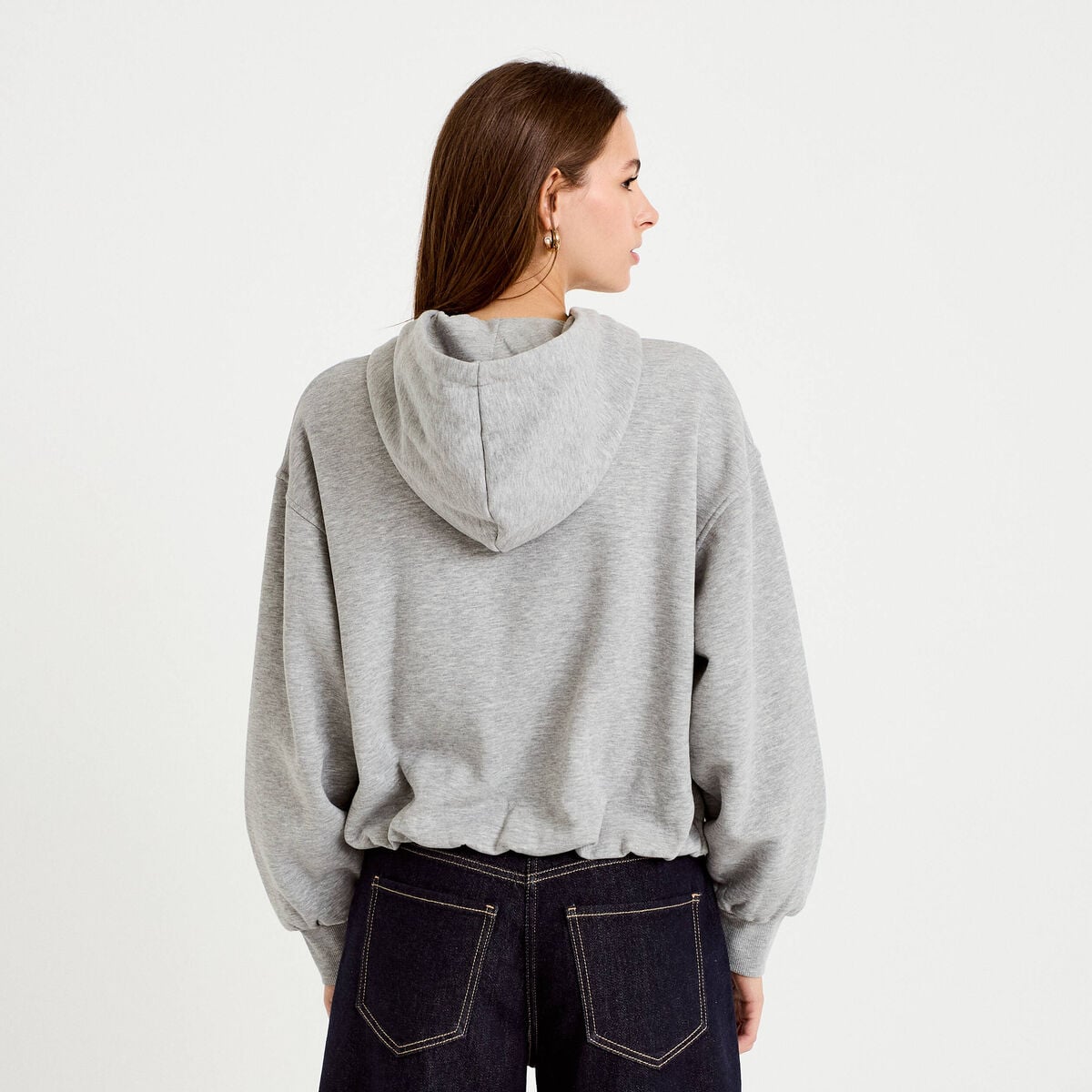 Sweat &agrave; capuche bas resserr&eacute; gris fonc&eacute; femme