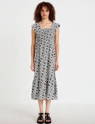 Robe longue &eacute;vas&eacute;e smock&eacute;e noir femme