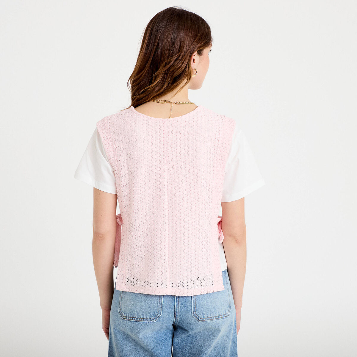 T-shirt 2-en-1 col rond manches courtes rose clair femme