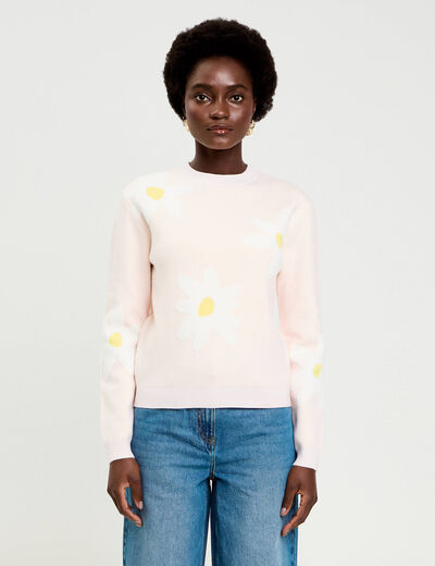 Pull motif fleurs rose clair femme