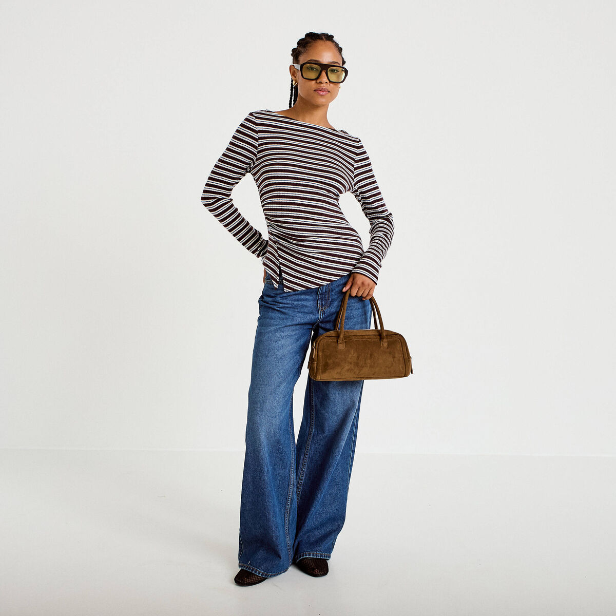 Top ajust&eacute; manches longues col rond marron femme