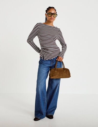 Top ajust&eacute; manches longues col rond marron femme
