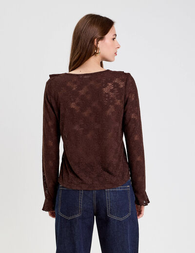 Blouse ajour&eacute;e manches longues marron fonc&eacute; femme