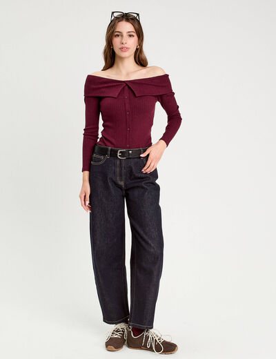 T-shirt c&ocirc;tel&eacute; col bardot violet fonc&eacute; femme