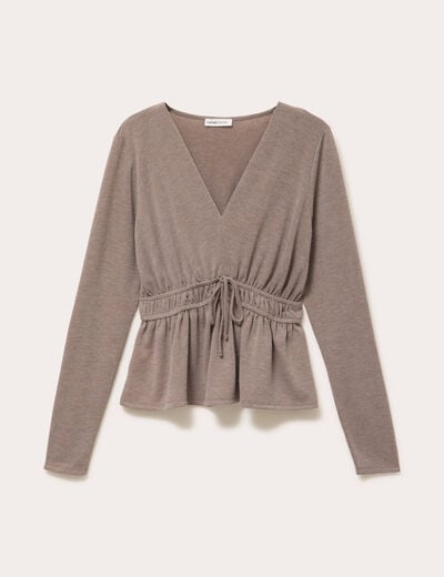 Blouse cintr&eacute;e col v manches longues beige femme