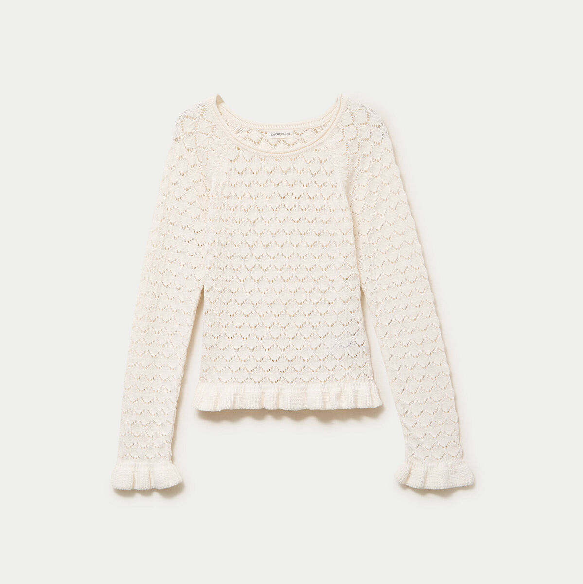 Pull ajour&eacute; col rond manches longues ecru femme