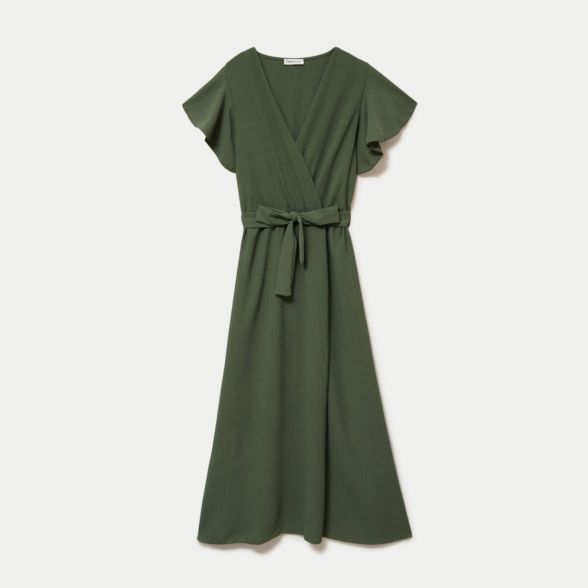 Robe longue &eacute;vas&eacute;e manches courtes vert kaki femme