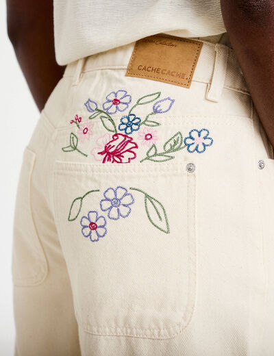 Pantalon barrel broderie taille basse ecru femme