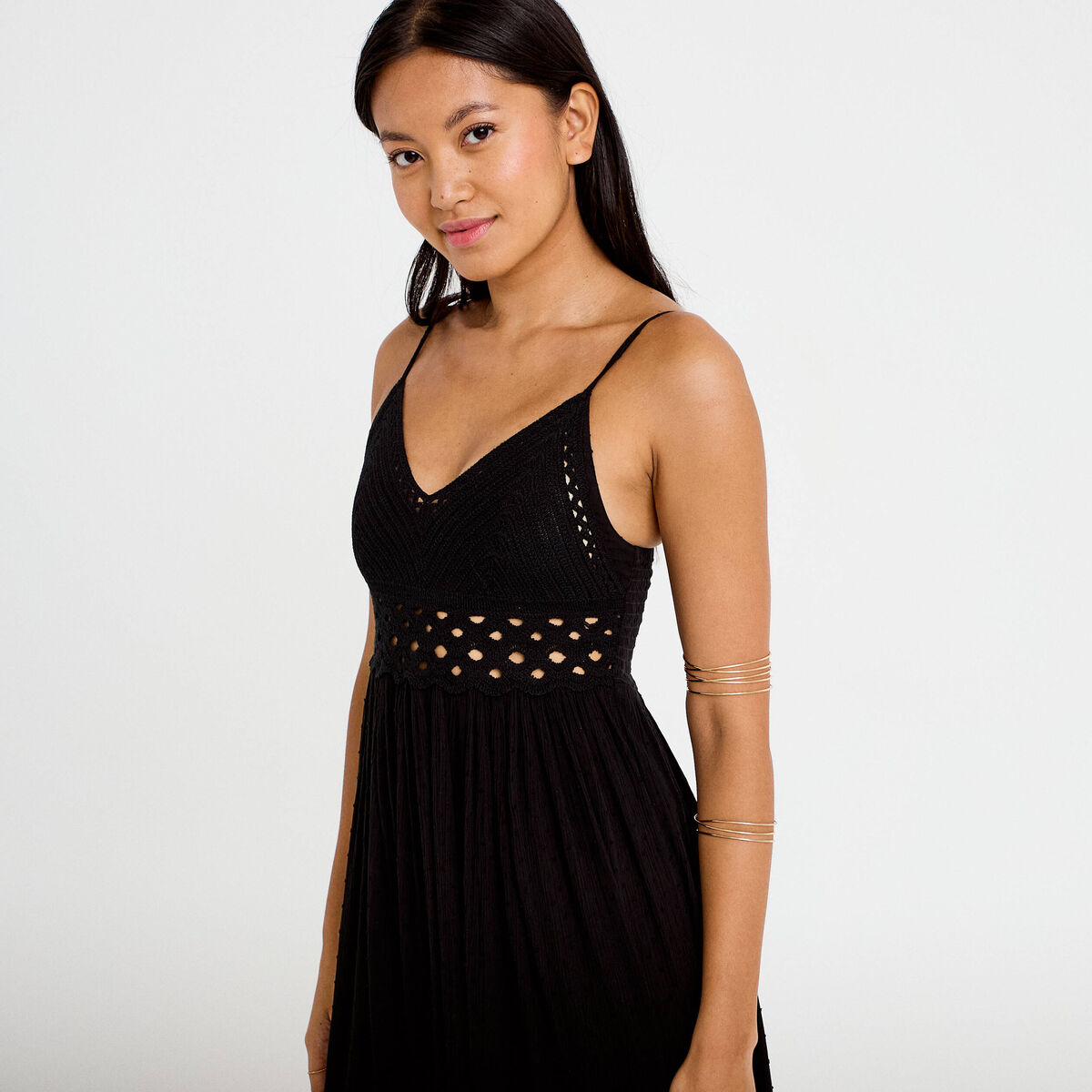 Robe longue bi-mati&egrave;re col v noir femme