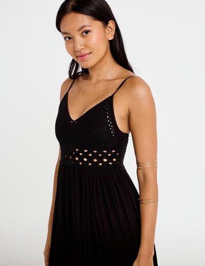 Robe longue bi-mati&egrave;re col v noir femme