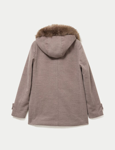 Manteau mi-long &agrave; capuche taupe femme
