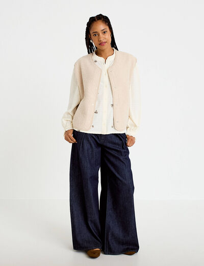 Blouse droite courte col v broderie ivoire femme