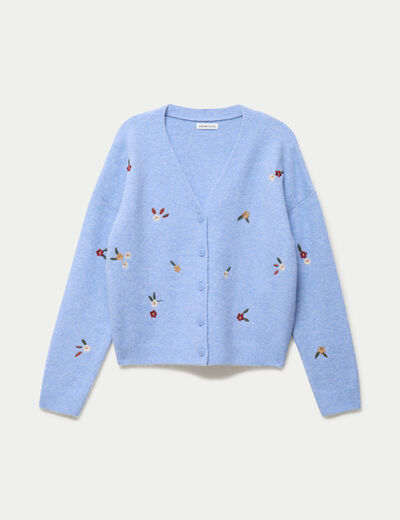 Gilet manches longues fleurs brod&eacute;es bleu ciel femme