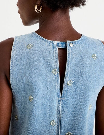 Robe courte droite en jean sans manches bleu femme