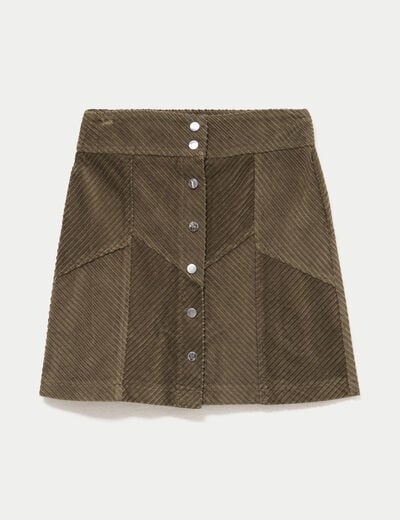 Jupe courte trap&egrave;ze en velours vert kaki femme