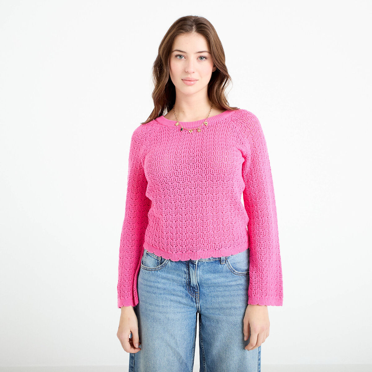 Pull ajour&eacute; rose fushia femme
