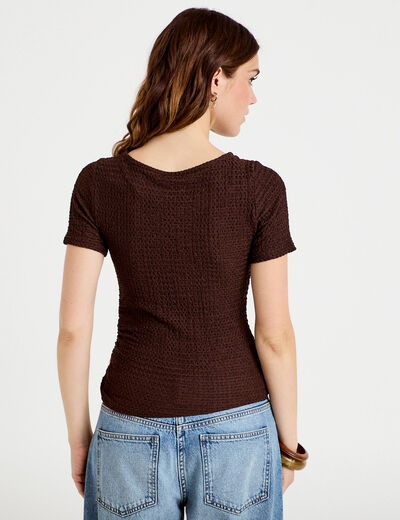 T-shirt col rond manches courtes bijou marron fonc&eacute; femme