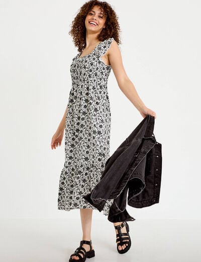 Robe longue &eacute;vas&eacute;e smock&eacute;e noir femme