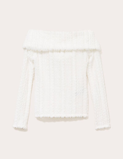 Pull cintr&eacute; court col bardot ecru femme