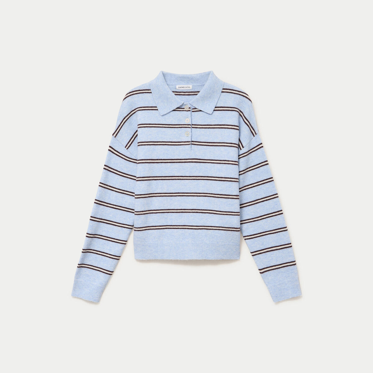 Polo manches longues col chemise bleu ciel femme