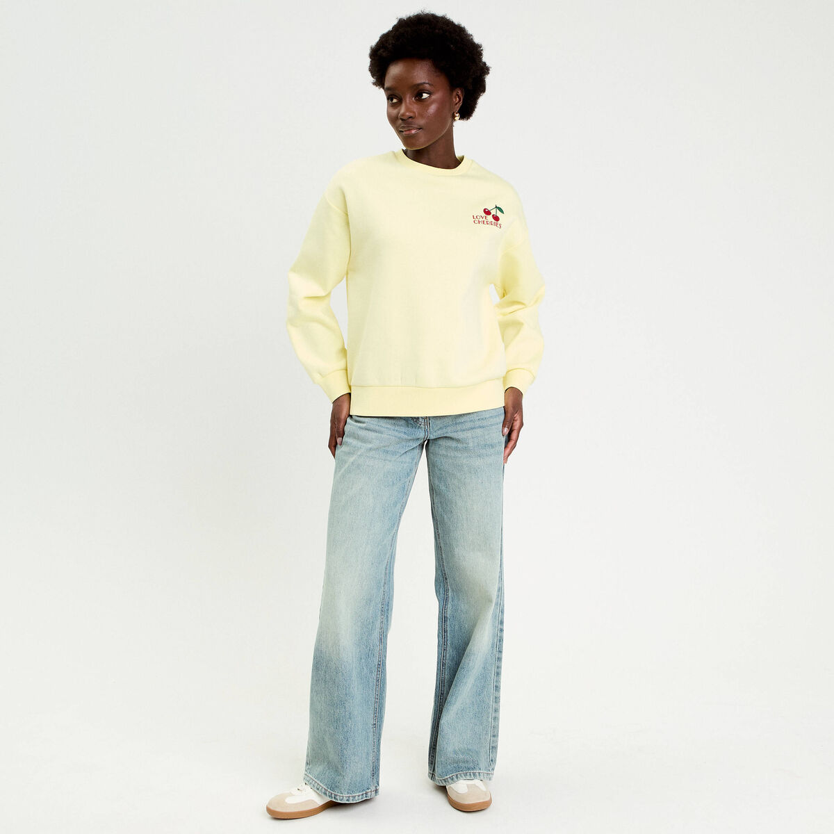 Sweat col rond manches longues jaune clair femme