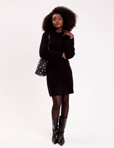 Robe manches longues col montant noir femme