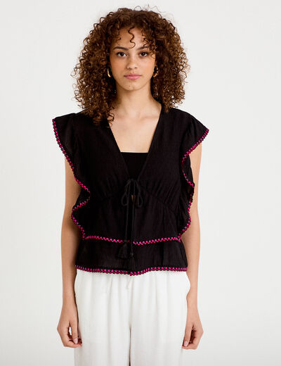 Blouse droite sans manches pliss&eacute;e noir femme