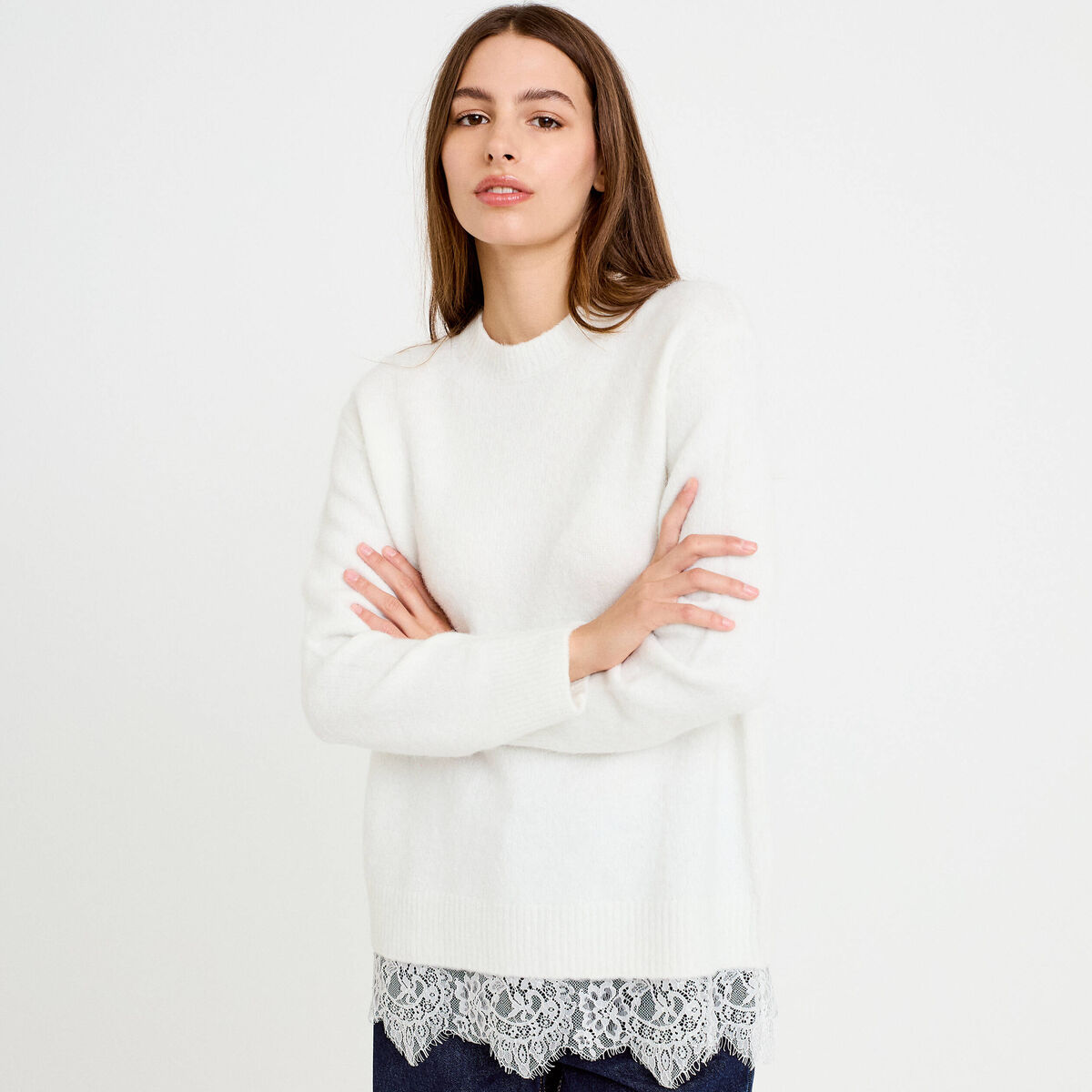 Pull manches longues avec dentelle ecru femme
