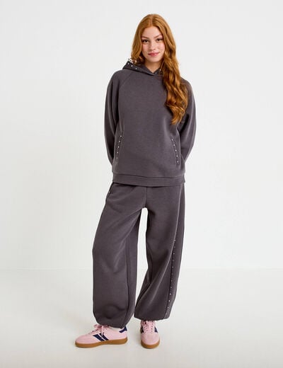 Sweat oversize &agrave; capuche manches longues gris fonc&eacute; femme