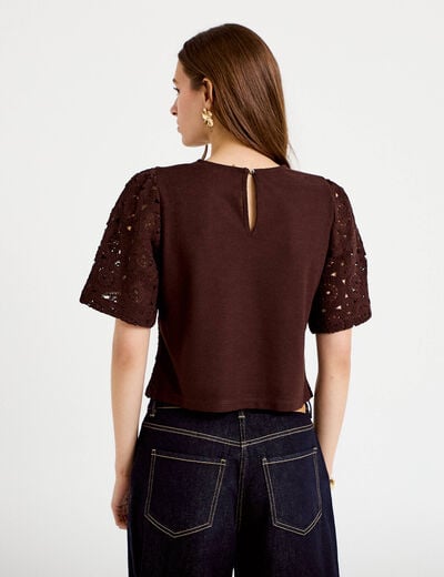 T-shirt macram&eacute; col rond marron fonc&eacute; femme