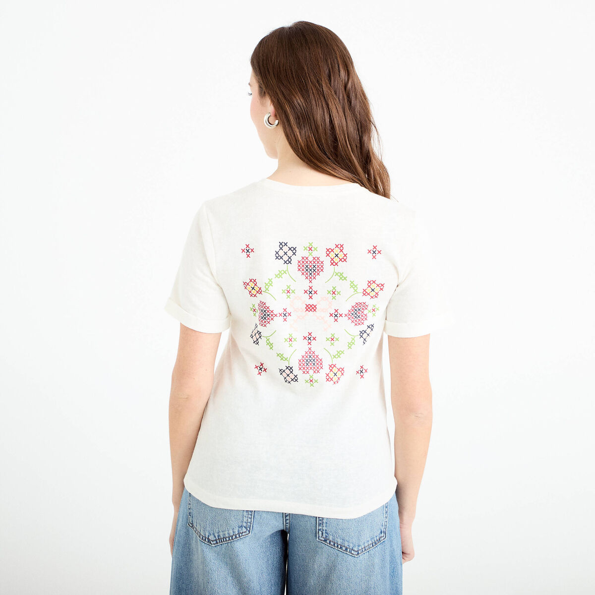 T-shirt col rond manches courtes ecru femme