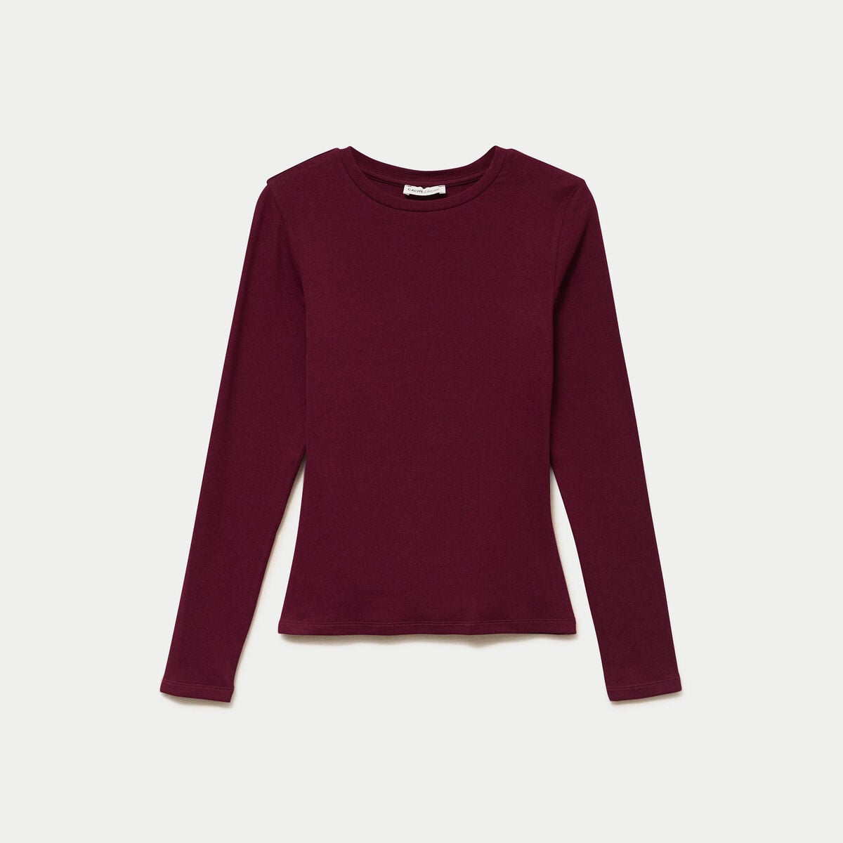 T-shirt cintr&eacute; col rond manches longues bordeaux femme