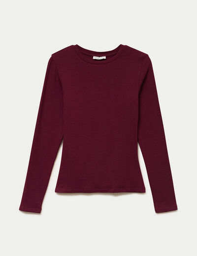T-shirt cintr&eacute; col rond manches longues bordeaux femme