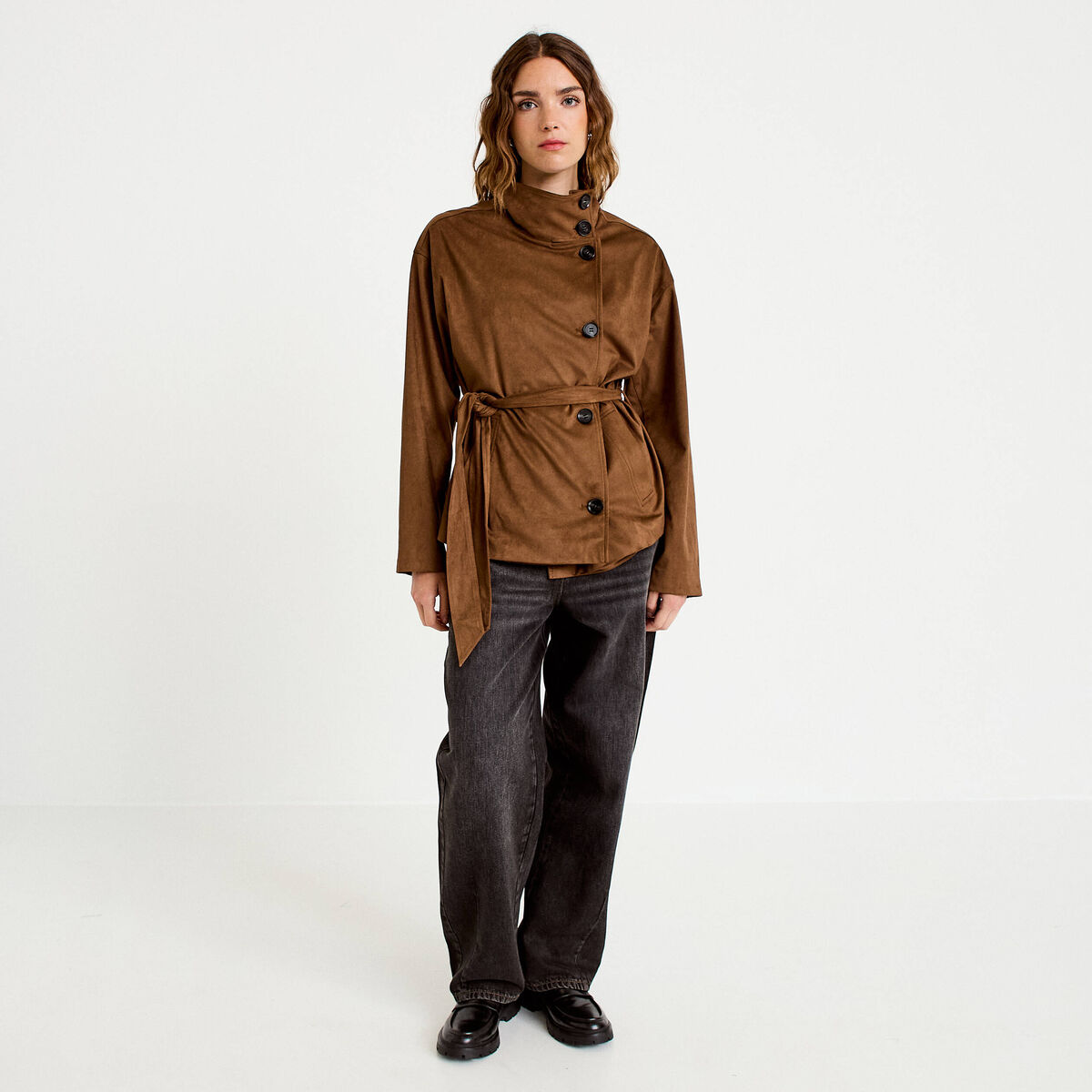 Veste col montant aspect daim marron femme
