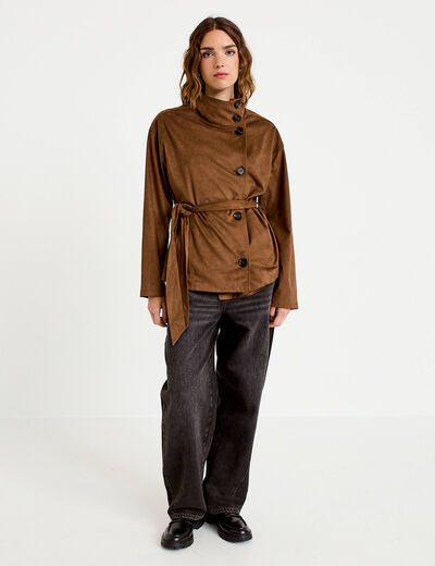 Veste col montant aspect daim marron femme