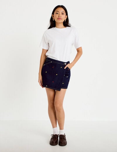 Jupe-short trap&egrave;ze en jean bleu marine femme