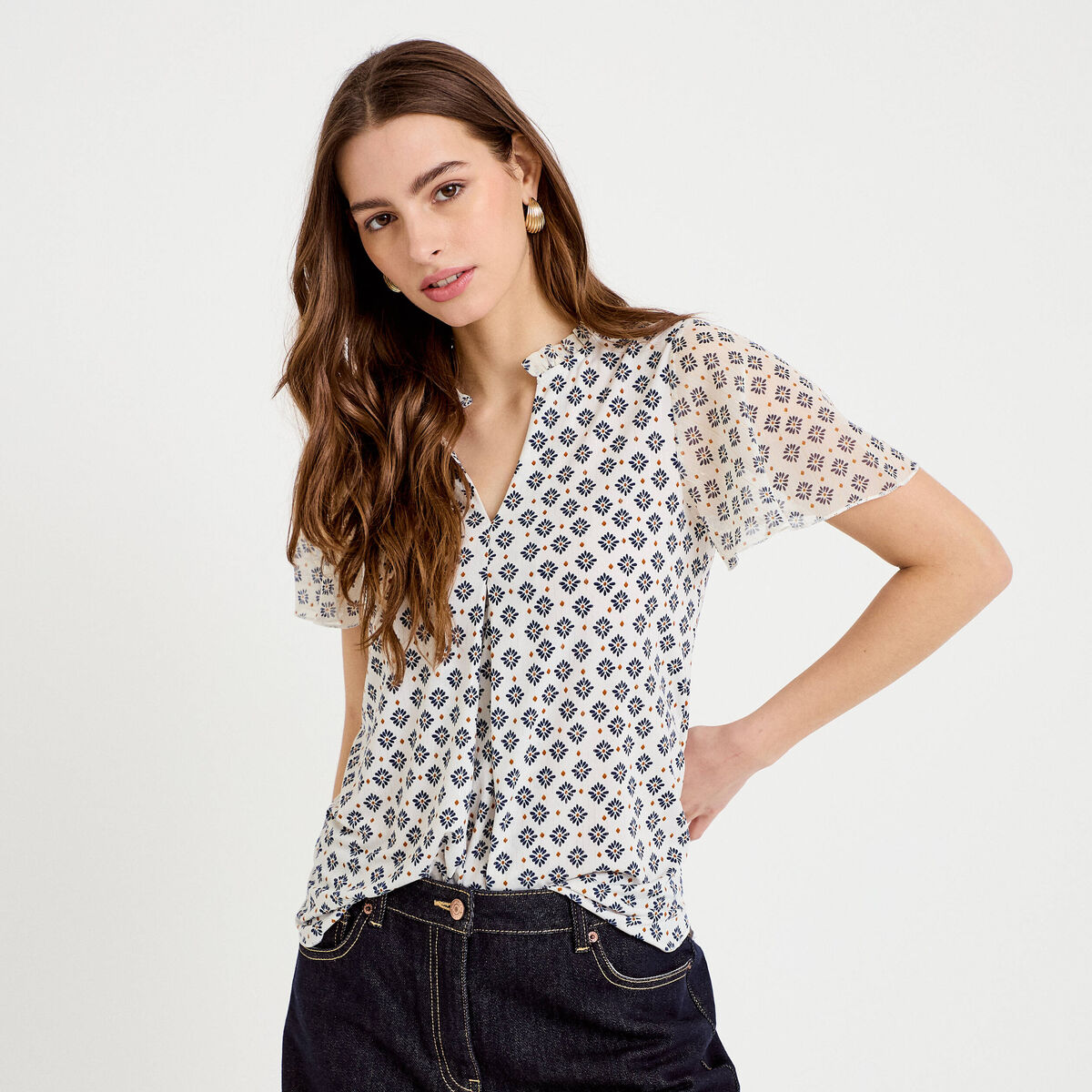 Blouse droite longue manches courtes bleu femme