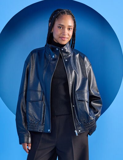 Veste effet boule en similicuir noir femme