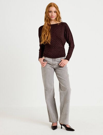 Top droit col bateau manches longues violet fonc&eacute; femme