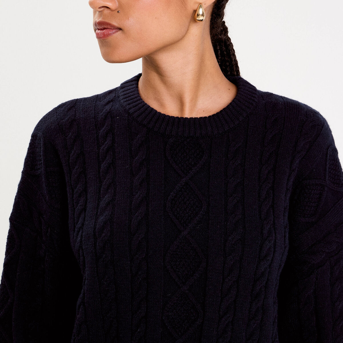 Pull avec torsades bleu marine femme