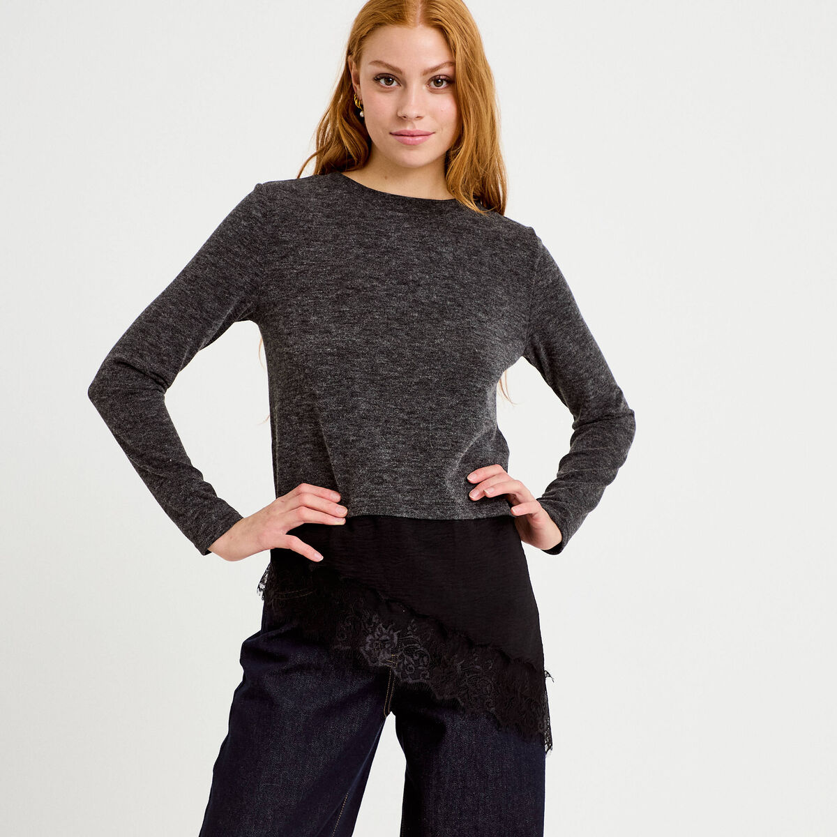 Pull manches longues gris fonc&eacute; femme
