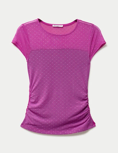 Top ajust&eacute; col rond manches courtes rose fushia femme