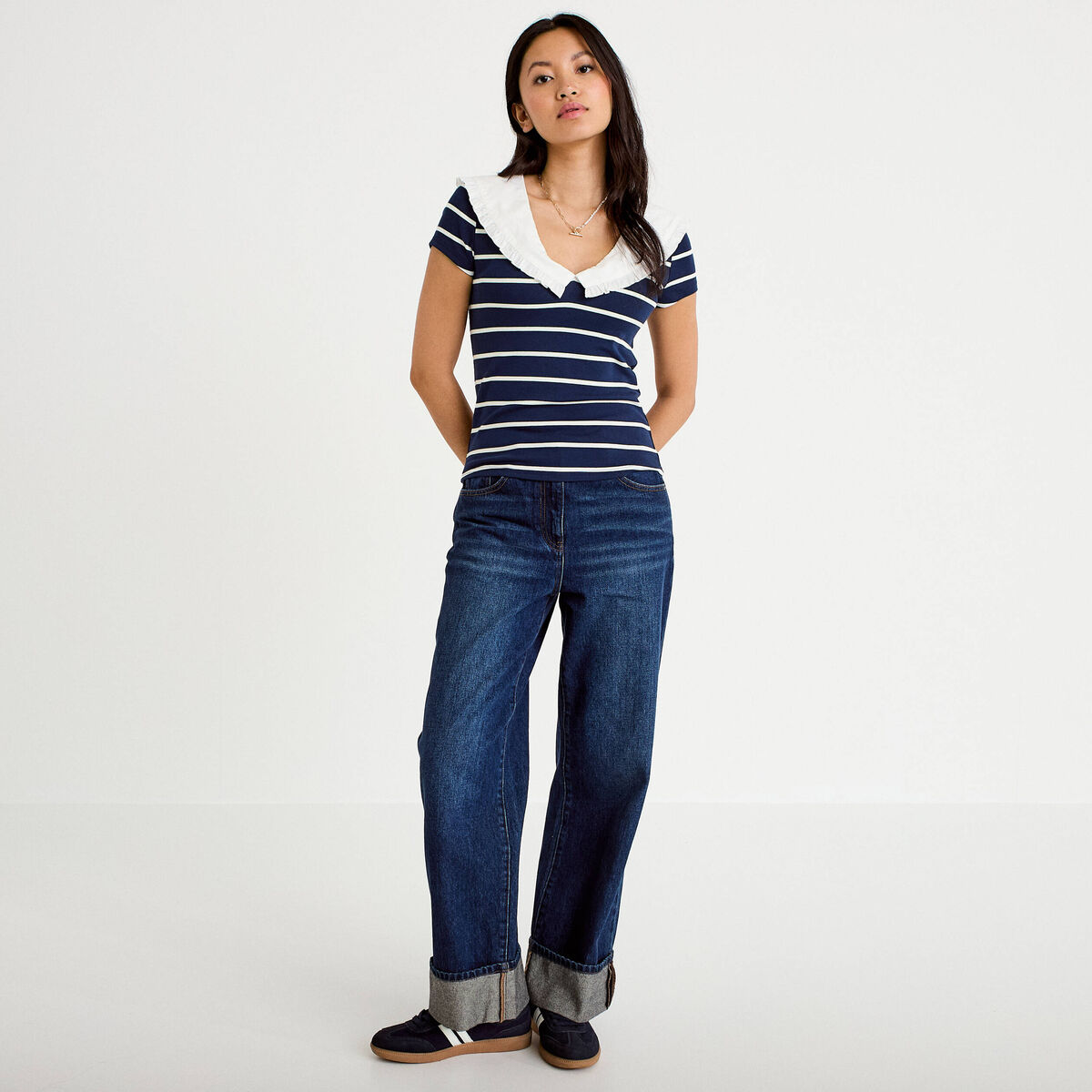 T-shirt col marin &agrave; volants ecru femme