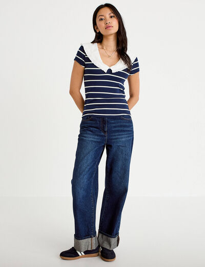 T-shirt col marin &agrave; volants ecru femme