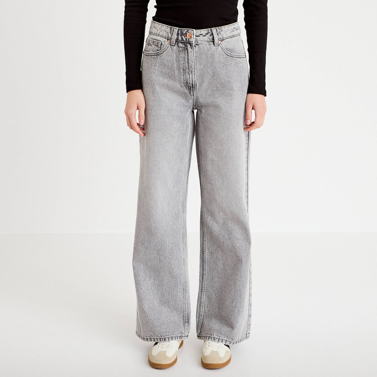 Jeans wide leg taille haute denim gris femme