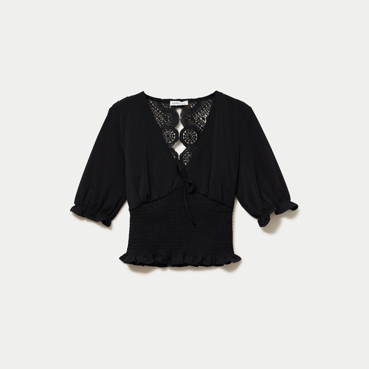 Blouse manches courtes smock&eacute;e noir femme