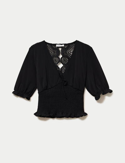 Blouse manches courtes smock&eacute;e noir femme